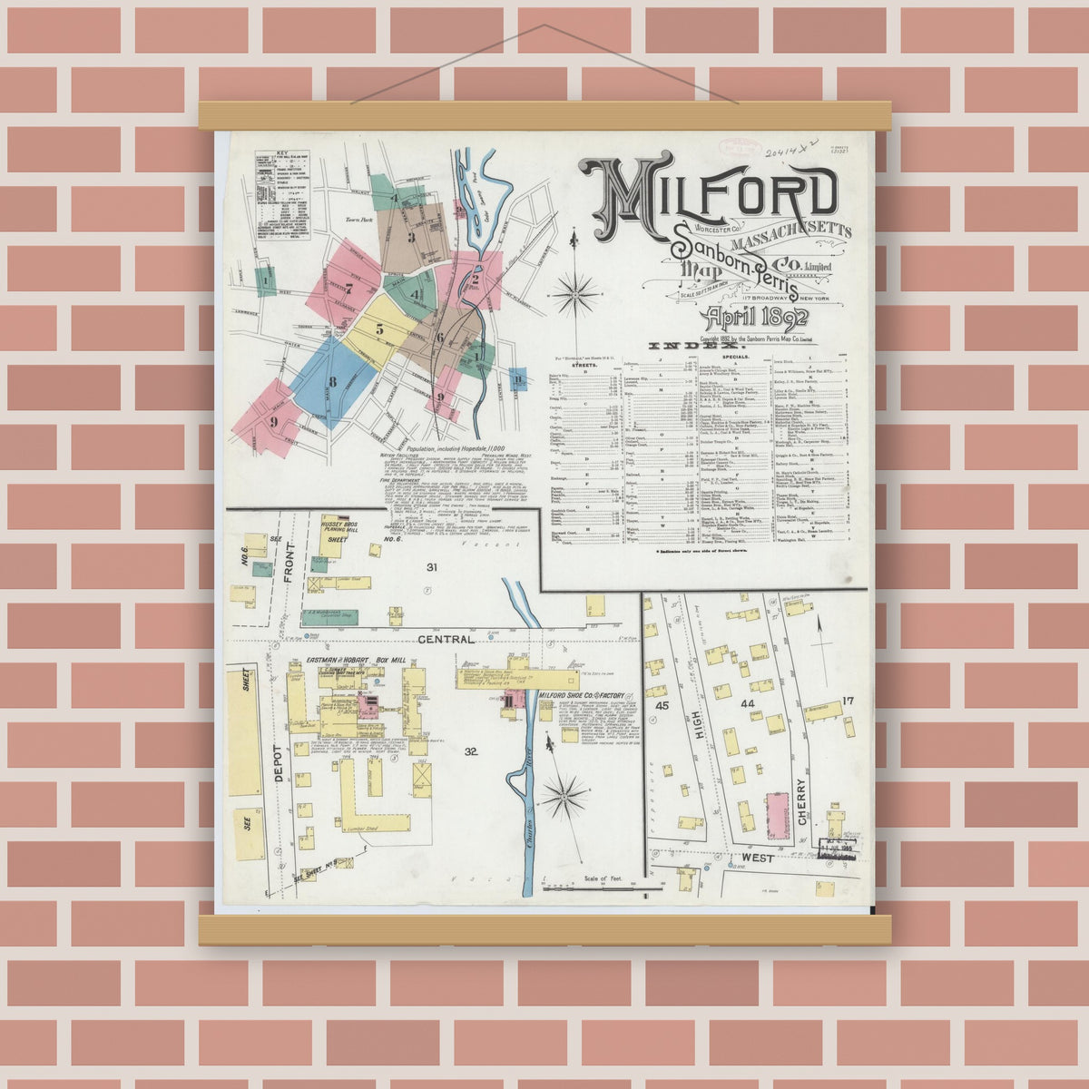 Old map wall art mockup — magnetic wood frame on brick wall — Sanborn Fire Insurance Map from Milford, Worcester County, Massachusetts (1892) - Complete Map Set