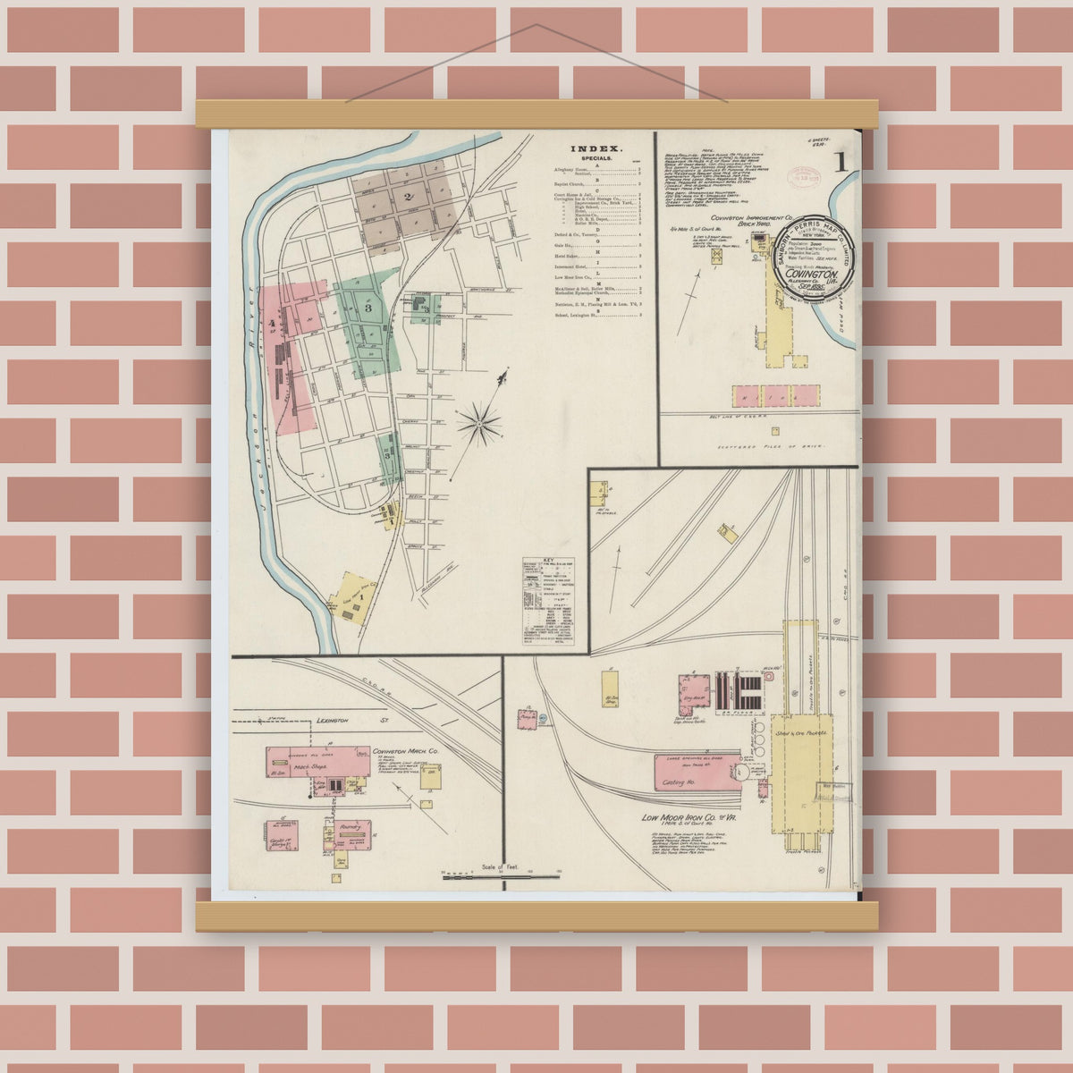Old map wall art mockup — magnetic wood frame on brick wall — Sanborn Fire Insurance Map from Covington, Independent Cities, Virginia (1895) - Complete Map Set
