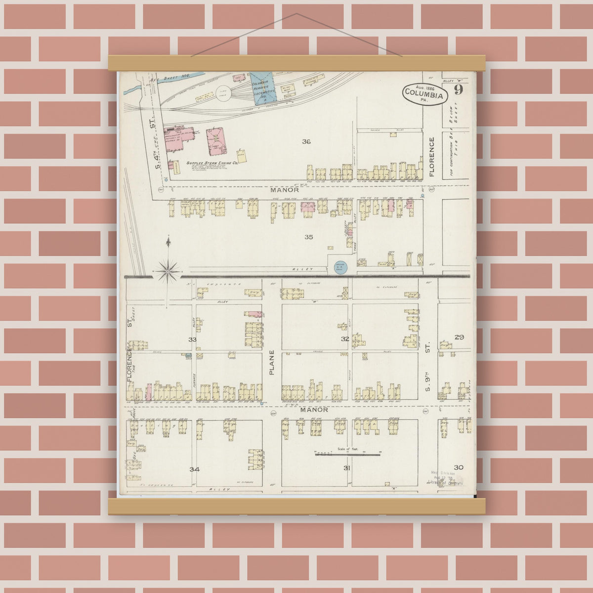Old map wall art mockup — magnetic wood frame on brick wall — Sanborn Fire Insurance Map from Columbia, Lancaster County, Pennsylvania (1886), Sheet #0009
