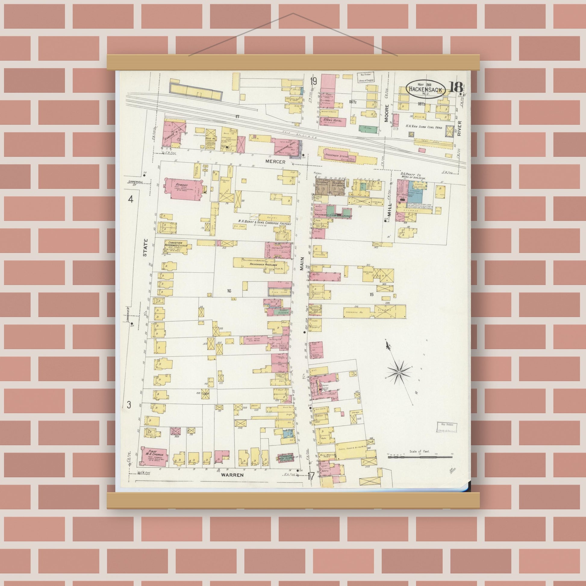 Old map wall art mockup — magnetic wood frame on brick wall — Sanborn Fire Insurance Map from Hackensack, Bergen County, New Jersey (1908), Sheet #0018