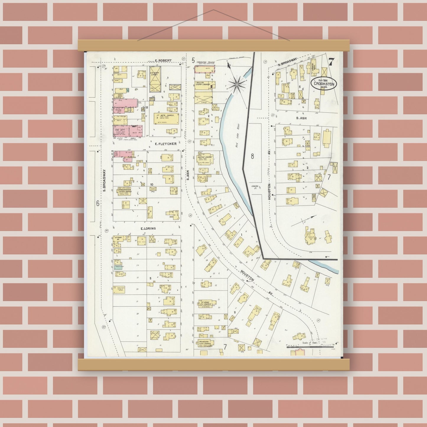 Old map wall art mockup — magnetic wood frame on brick wall — Sanborn Fire Insurance Map from Crookston, Polk County, Minnesota (1906), Sheet #0007