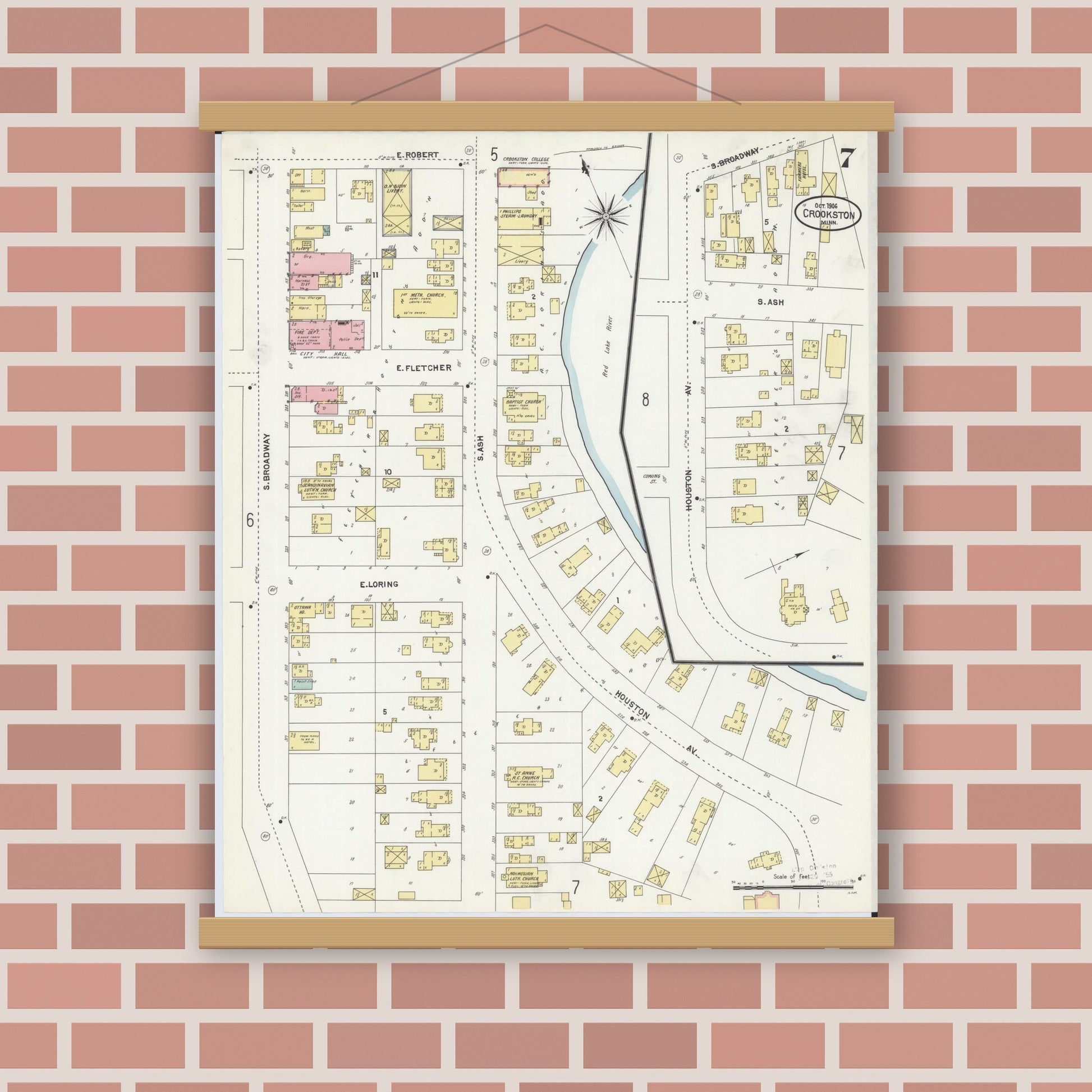 Old map wall art mockup — magnetic wood frame on brick wall — Sanborn Fire Insurance Map from Crookston, Polk County, Minnesota (1906), Sheet #0007