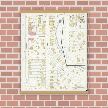 Old map wall art mockup — magnetic wood frame on brick wall — Sanborn Fire Insurance Map from Crookston, Polk County, Minnesota (1906), Sheet #0007