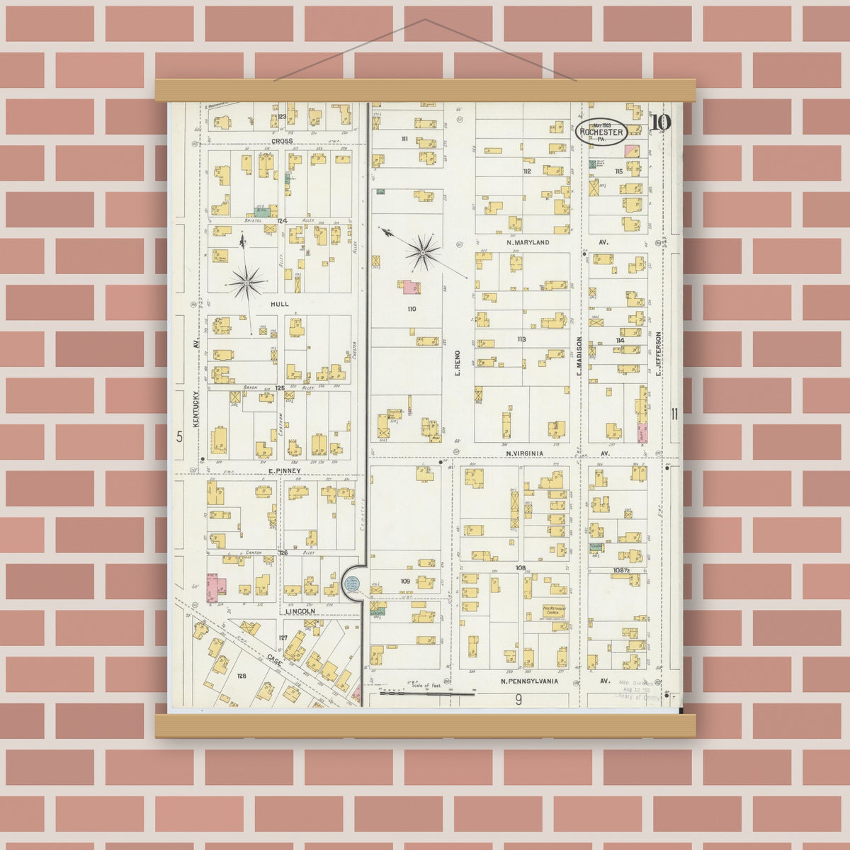 Old map wall art mockup — magnetic wood frame on brick wall — Sanborn Fire Insurance Map from Rochester, Beaver County, Pennsylvania (1903), Sheet #0010