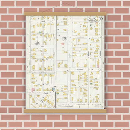Old map wall art mockup — magnetic wood frame on brick wall — Sanborn Fire Insurance Map from Rochester, Beaver County, Pennsylvania (1903), Sheet #0010