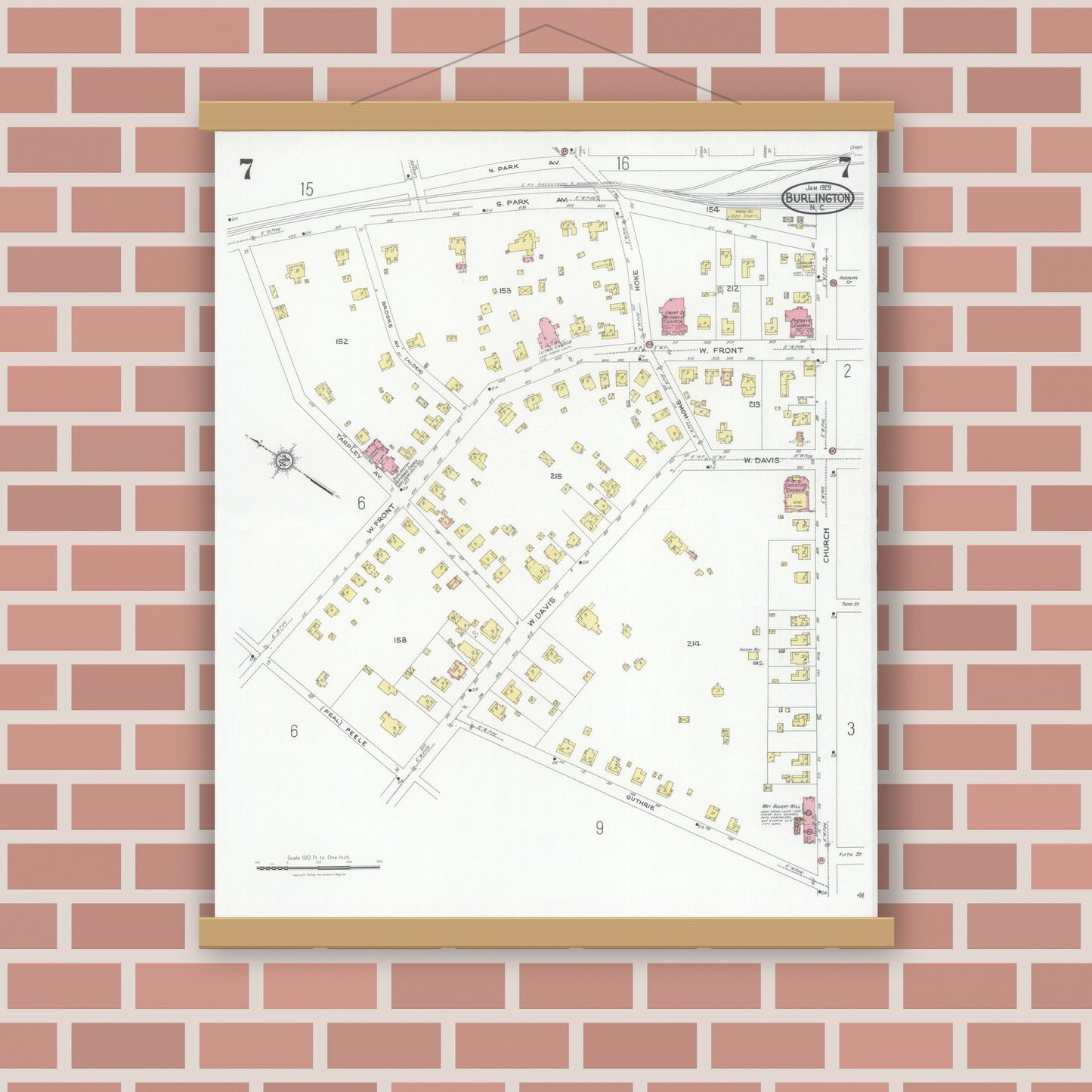Old map wall art mockup — magnetic wood frame on brick wall — Sanborn Fire Insurance Map from Burlington, Alamance County, North Carolina (1929), Sheet #0007