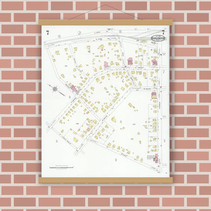 Old map wall art mockup — magnetic wood frame on brick wall — Sanborn Fire Insurance Map from Burlington, Alamance County, North Carolina (1929), Sheet #0007
