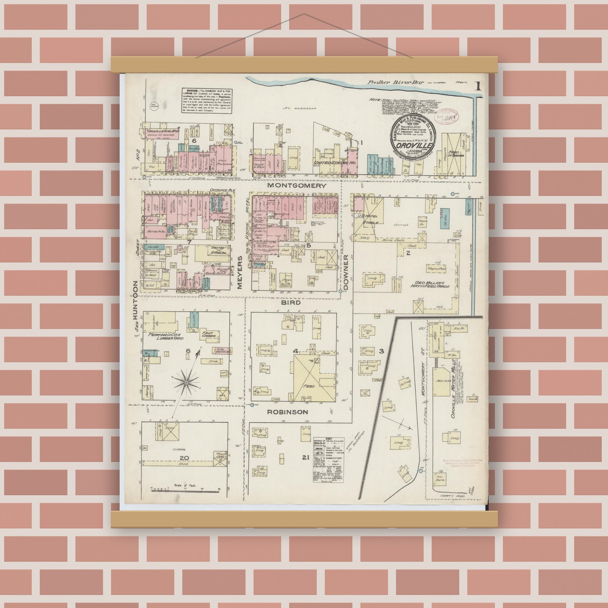 Old map wall art mockup — magnetic wood frame on brick wall — Sanborn Fire Insurance Map from Oroville, Butte County, California (1884) - Complete Map Set