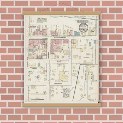 Old map wall art mockup — magnetic wood frame on brick wall — Sanborn Fire Insurance Map from Oroville, Butte County, California (1884) - Complete Map Set