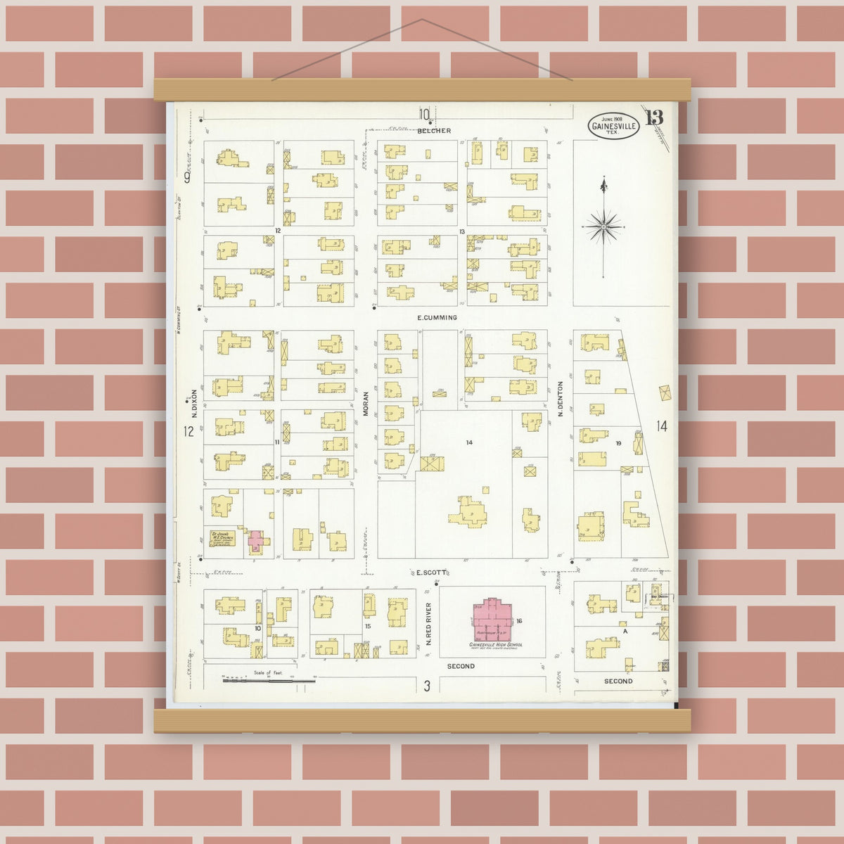 Old map wall art mockup — magnetic wood frame on brick wall — Sanborn Fire Insurance Map from Gainesville, Cooke County, Texas (1908), Sheet #0013