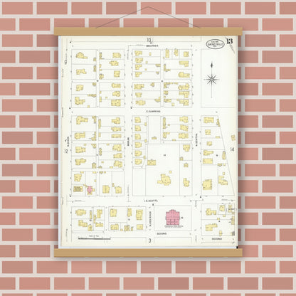 Old map wall art mockup — magnetic wood frame on brick wall — Sanborn Fire Insurance Map from Gainesville, Cooke County, Texas (1908), Sheet #0013