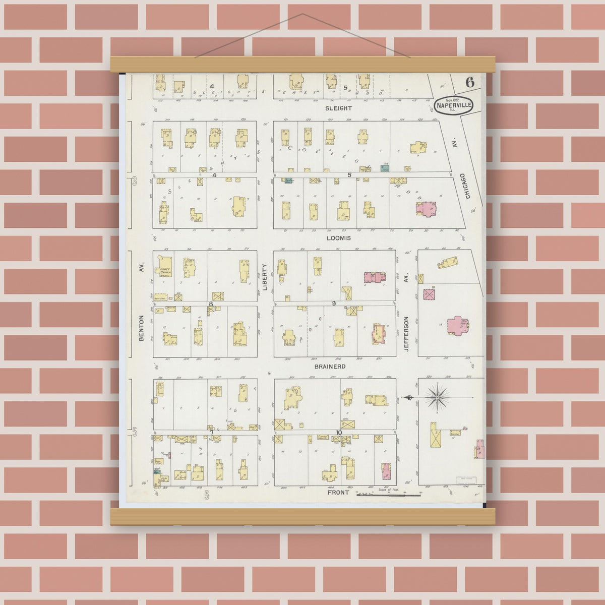 Old map wall art mockup — magnetic wood frame on brick wall — Sanborn Fire Insurance Map from Naperville, Du Page County, Illinois (1892), Sheet #0006