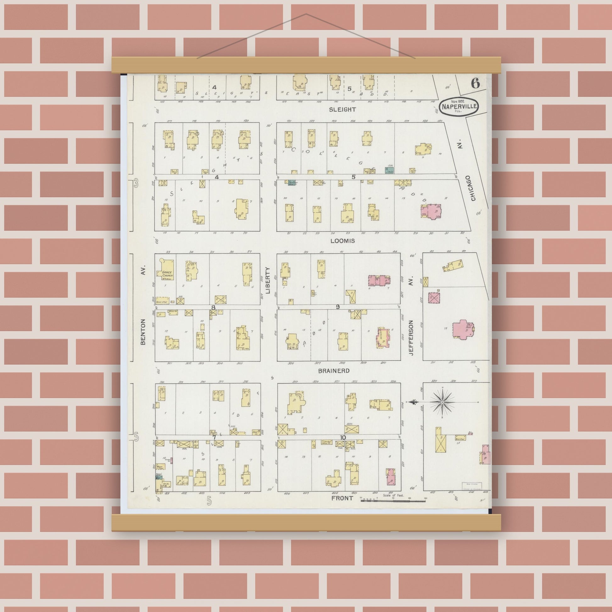 Old map wall art mockup — magnetic wood frame on brick wall — Sanborn Fire Insurance Map from Naperville, Du Page County, Illinois (1892), Sheet #0006