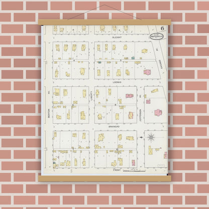 Old map wall art mockup — magnetic wood frame on brick wall — Sanborn Fire Insurance Map from Naperville, Du Page County, Illinois (1892), Sheet #0006