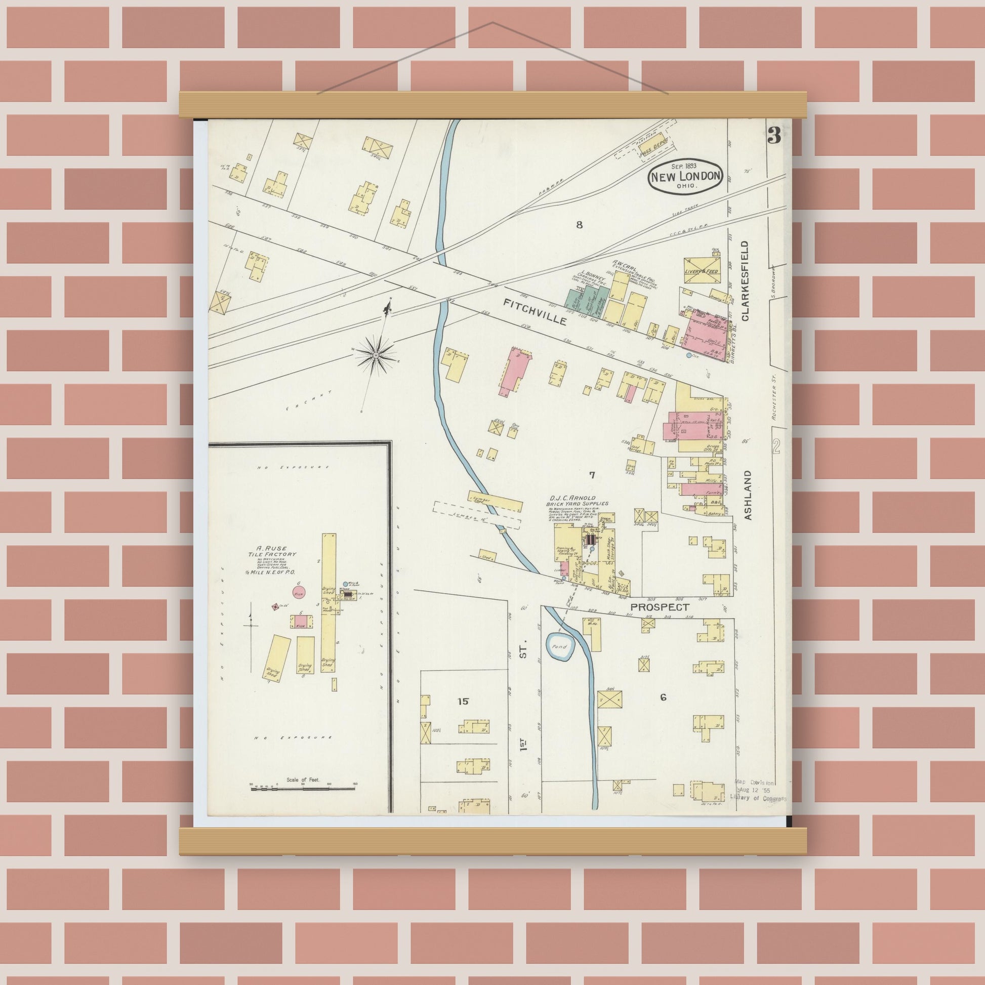 Old map wall art mockup — magnetic wood frame on brick wall — Sanborn Fire Insurance Map from New London, Huron County, Ohio (1893), Sheet #0003