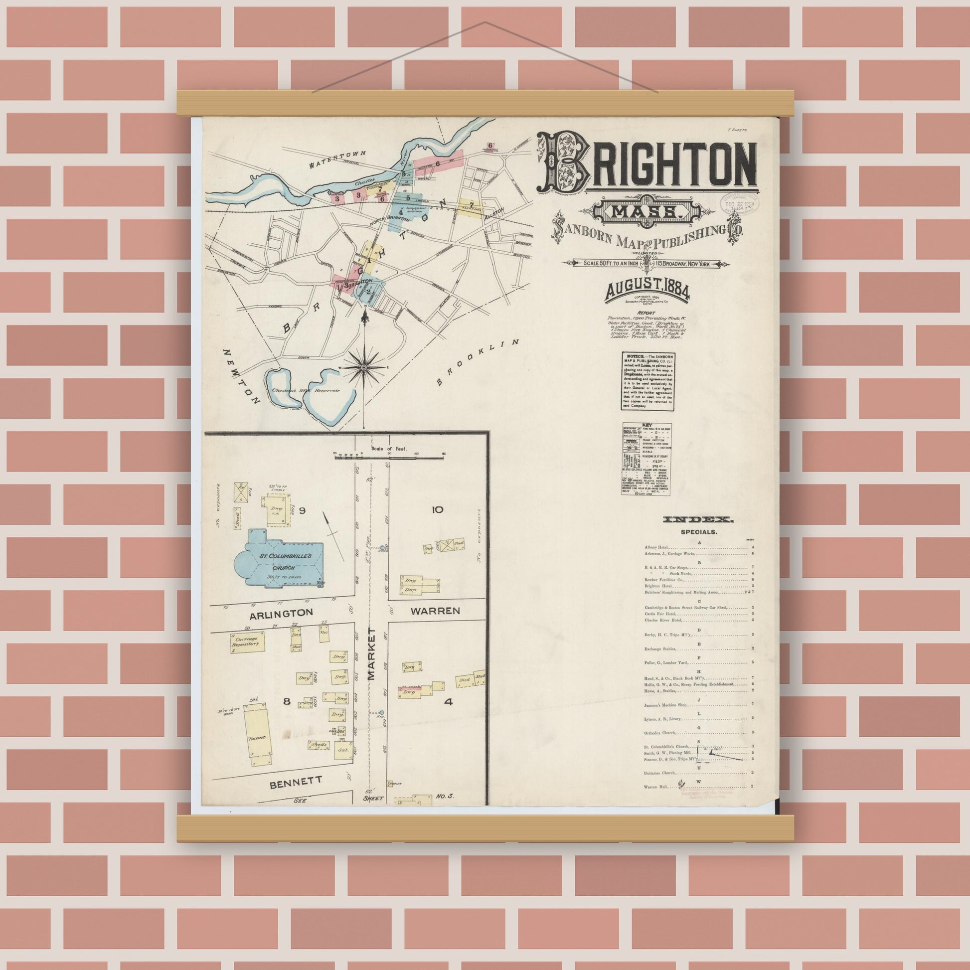 Old map wall art mockup — magnetic wood frame on brick wall — Sanborn Fire Insurance Map from Brighton, Suffolk County, Massachusetts (1884) - Complete Map Set