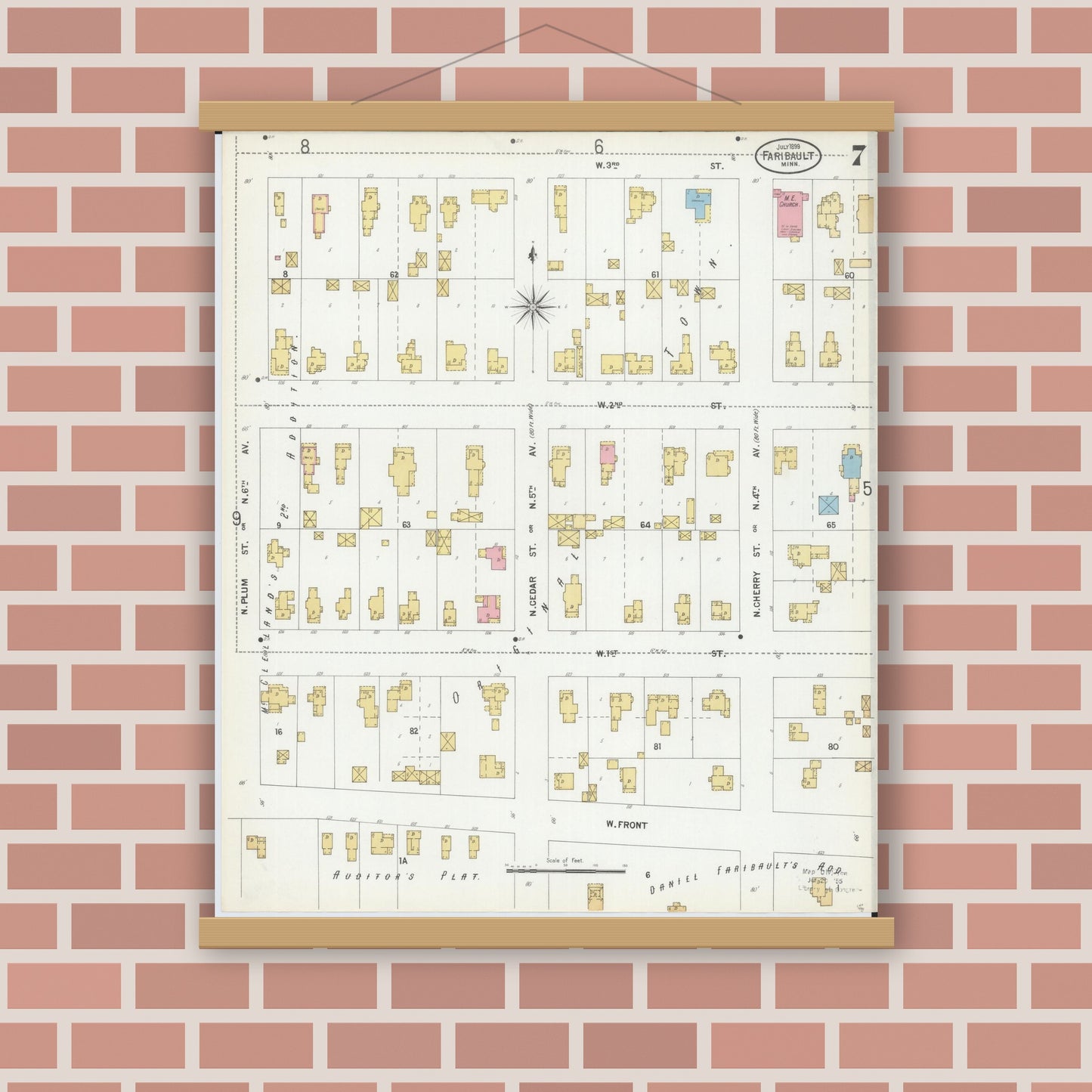 Old map wall art mockup — magnetic wood frame on brick wall — Sanborn Fire Insurance Map from Faribault, Rice County, Minnesota (1899), Sheet #0007