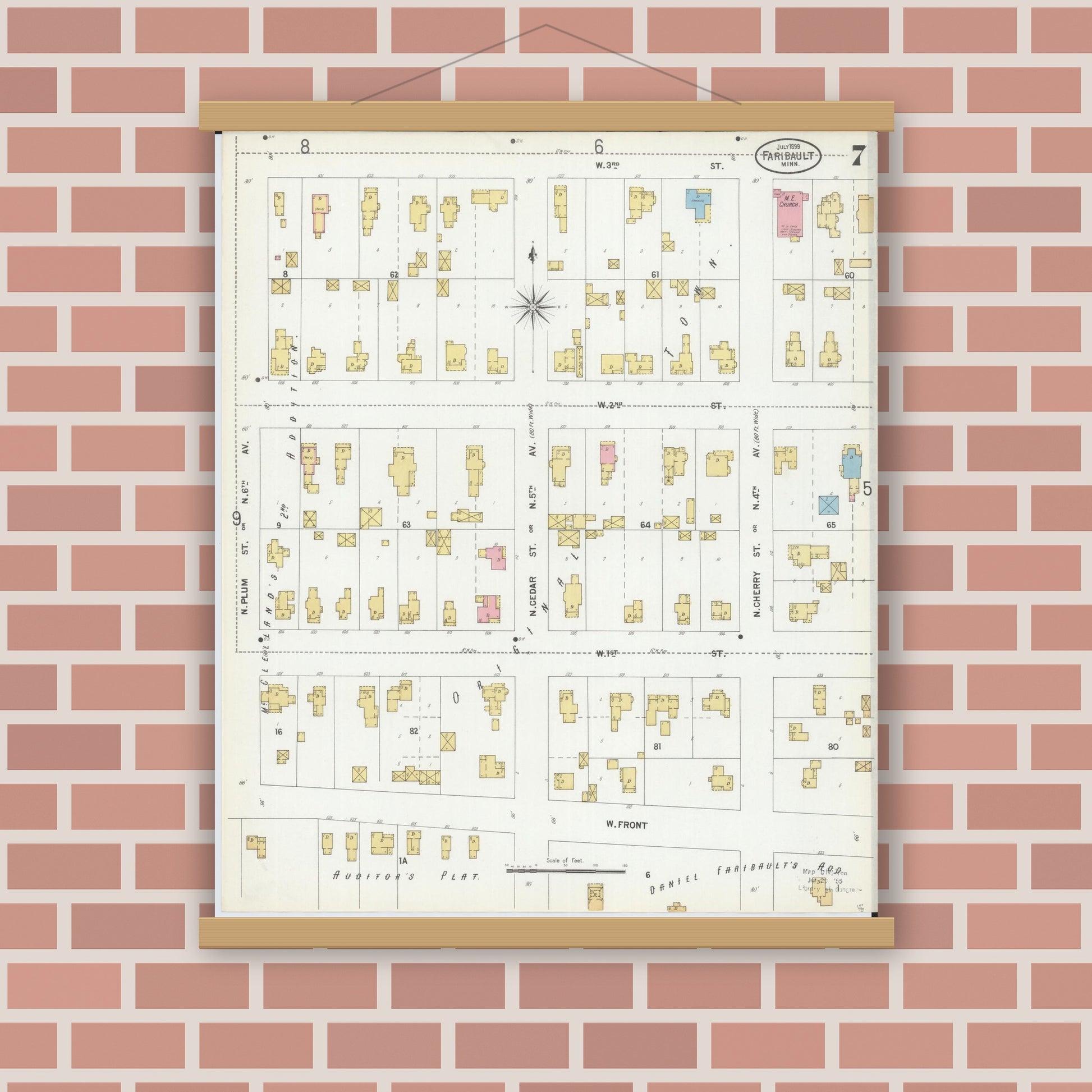 Old map wall art mockup — magnetic wood frame on brick wall — Sanborn Fire Insurance Map from Faribault, Rice County, Minnesota (1899), Sheet #0007