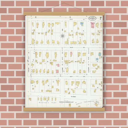 Old map wall art mockup — magnetic wood frame on brick wall — Sanborn Fire Insurance Map from Faribault, Rice County, Minnesota (1899), Sheet #0007