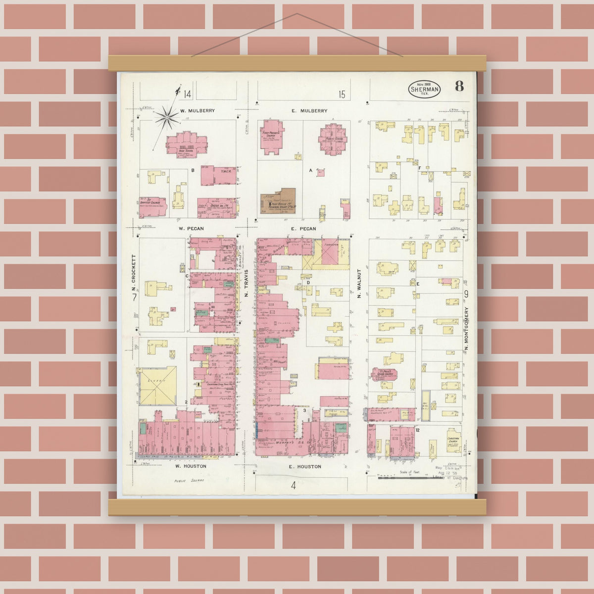Old map wall art mockup — magnetic wood frame on brick wall — Sanborn Fire Insurance Map from Sherman, Grayson County, Texas (1908), Sheet #0008