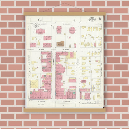 Old map wall art mockup — magnetic wood frame on brick wall — Sanborn Fire Insurance Map from Sherman, Grayson County, Texas (1908), Sheet #0008