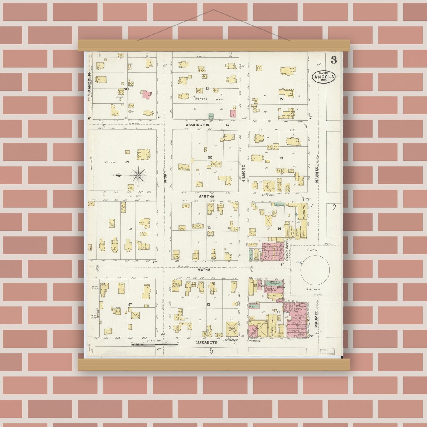 Old map wall art mockup — magnetic wood frame on brick wall — Sanborn Fire Insurance Map from Angola, Steuben County, Indiana (1897), Sheet #0003