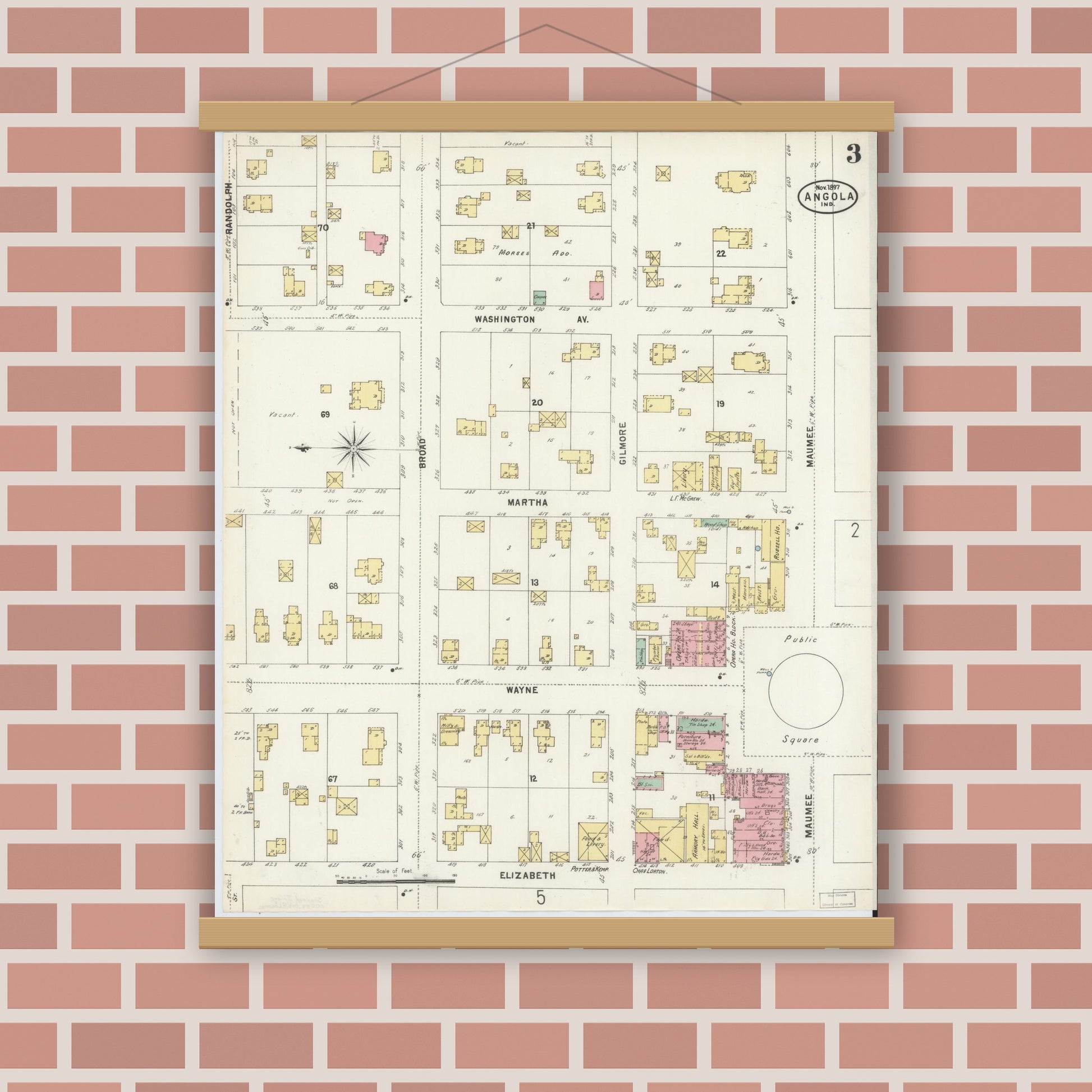 Old map wall art mockup — magnetic wood frame on brick wall — Sanborn Fire Insurance Map from Angola, Steuben County, Indiana (1897), Sheet #0003