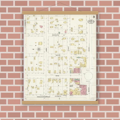 Old map wall art mockup — magnetic wood frame on brick wall — Sanborn Fire Insurance Map from Angola, Steuben County, Indiana (1897), Sheet #0003