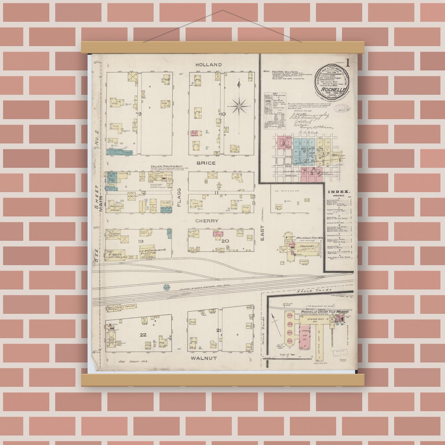 Old map wall art mockup — magnetic wood frame on brick wall — Sanborn Fire Insurance Map from Rochelle, Ogle County, Illinois (1886), Sheet #0001