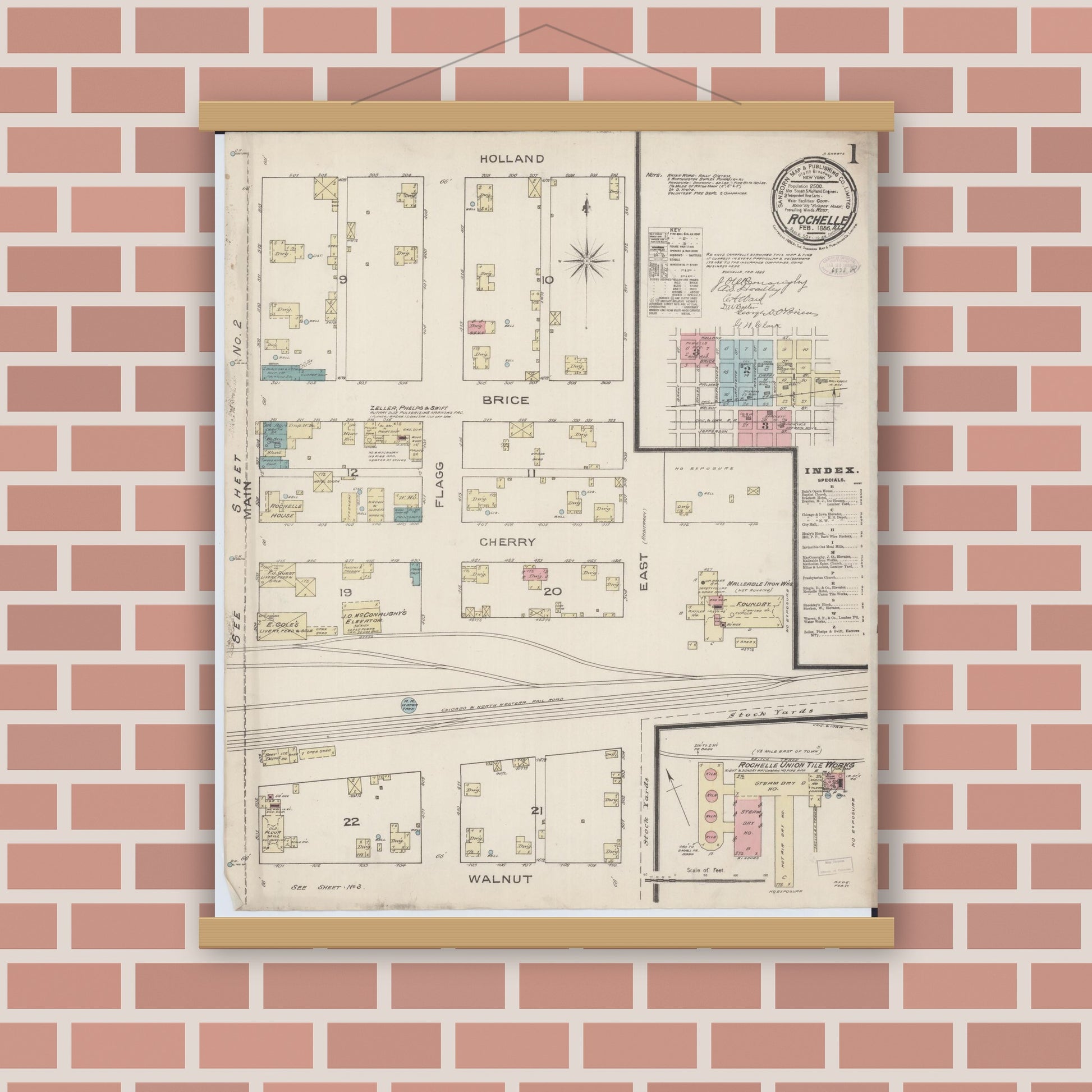 Old map wall art mockup — magnetic wood frame on brick wall — Sanborn Fire Insurance Map from Rochelle, Ogle County, Illinois (1886), Sheet #0001