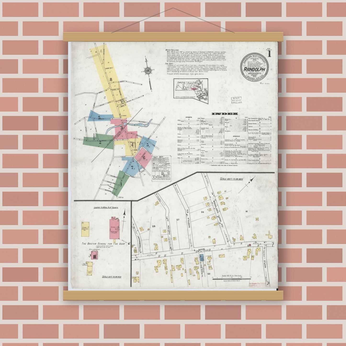 Old map wall art mockup — magnetic wood frame on brick wall — Sanborn Fire Insurance Map from Randolph, Norfolk County, Massachusetts (1919) - Complete Map Set