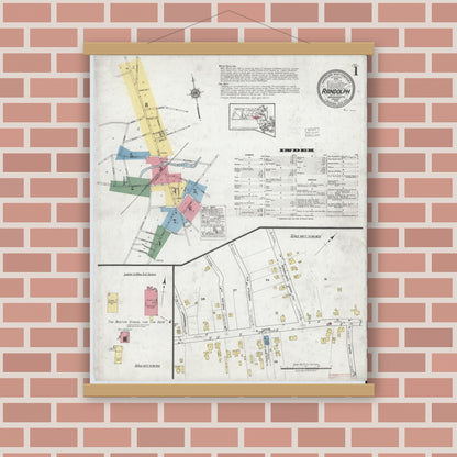 Old map wall art mockup — magnetic wood frame on brick wall — Sanborn Fire Insurance Map from Randolph, Norfolk County, Massachusetts (1919) - Complete Map Set
