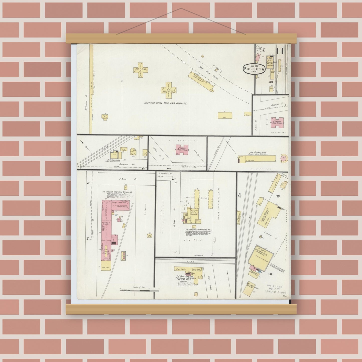 Old map wall art mockup — magnetic wood frame on brick wall — Sanborn Fire Insurance Map from Fostoria, Seneca, Hancock, And Wood Counties, Ohio (1896), Sheet #0011
