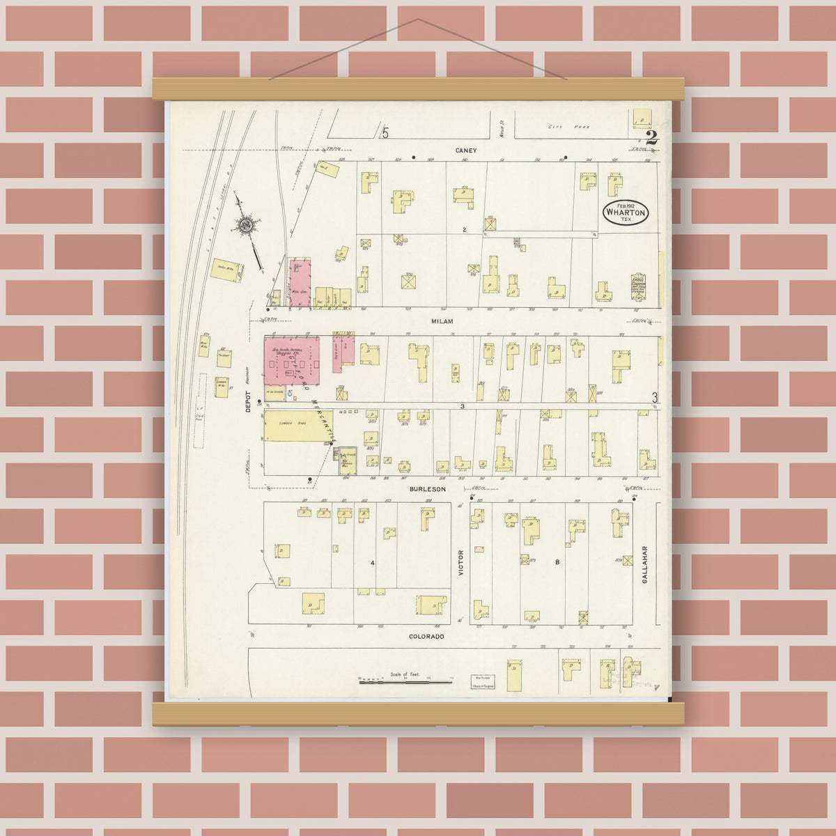 Old map wall art mockup — magnetic wood frame on brick wall — Sanborn Fire Insurance Map from Wharton, Wharton County, Texas (1912), Sheet #0003