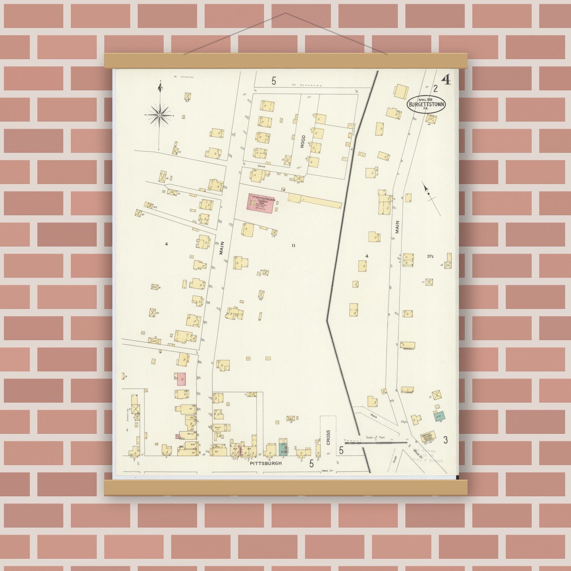 Old map wall art mockup — magnetic wood frame on brick wall — Sanborn Fire Insurance Map from Burgettstown, Washington County, Pennsylvania (1908), Sheet #0004