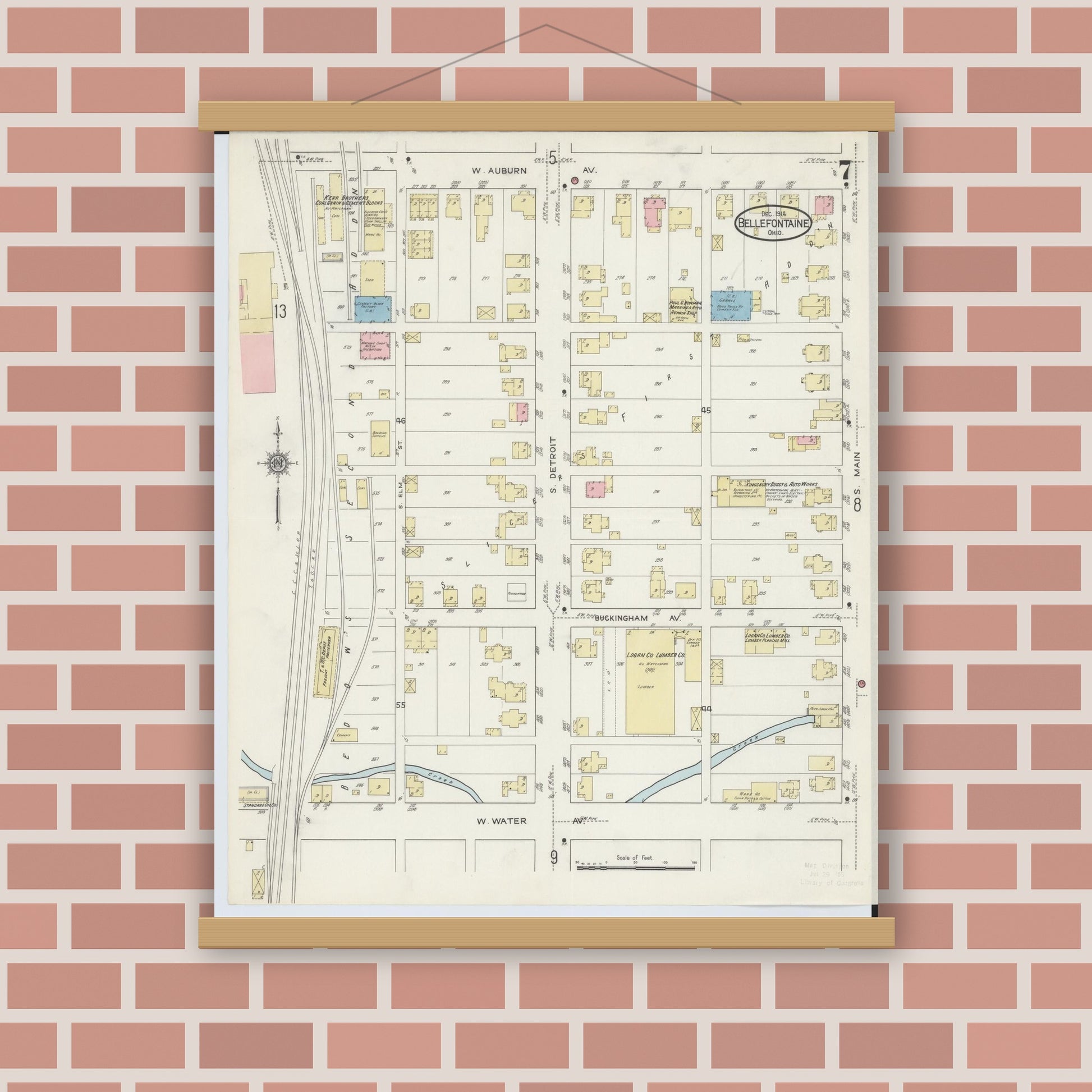 Old map wall art mockup — magnetic wood frame on brick wall — Sanborn Fire Insurance Map from Bellefontaine, Logan County, Ohio (1914), Sheet #0007