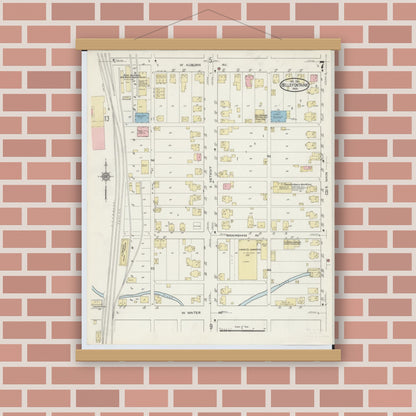 Old map wall art mockup — magnetic wood frame on brick wall — Sanborn Fire Insurance Map from Bellefontaine, Logan County, Ohio (1914), Sheet #0007