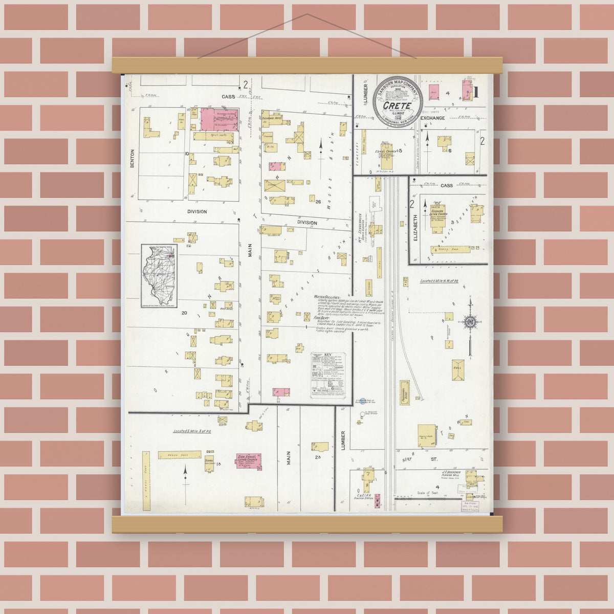 Old map wall art mockup — magnetic wood frame on brick wall — Sanborn Fire Insurance Map from Crete, Will County, Illinois (1916) - Complete Map Set