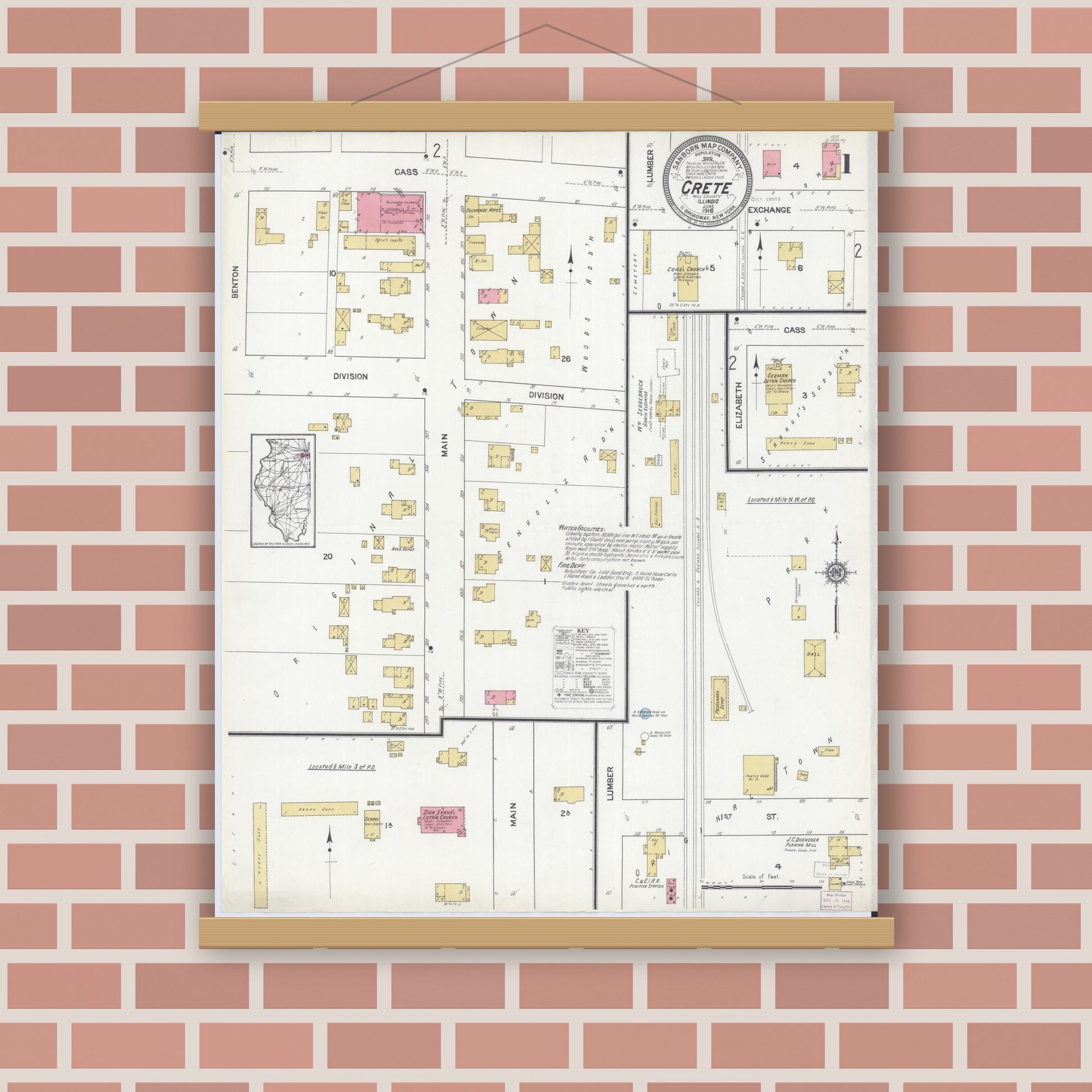 Old map wall art mockup — magnetic wood frame on brick wall — Sanborn Fire Insurance Map from Crete, Will County, Illinois (1916) - Complete Map Set