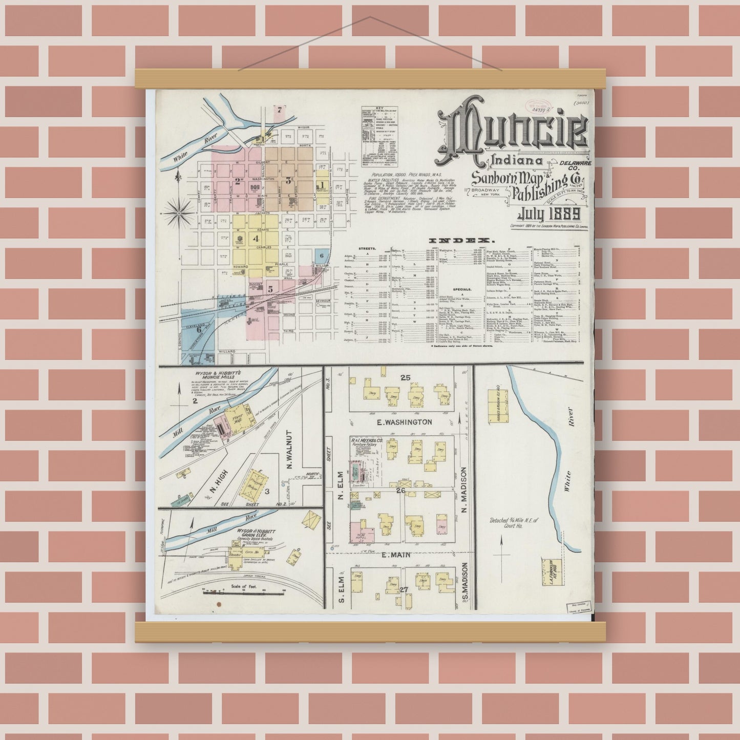 Old map wall art mockup — magnetic wood frame on brick wall — Sanborn Fire Insurance Map from Muncie, Delaware County, Indiana (1889), Sheet #0001