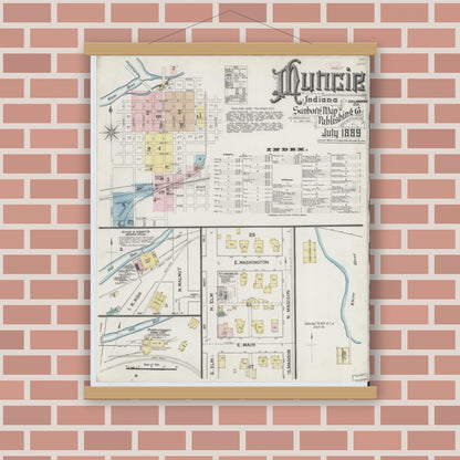 Old map wall art mockup — magnetic wood frame on brick wall — Sanborn Fire Insurance Map from Muncie, Delaware County, Indiana (1889), Sheet #0001