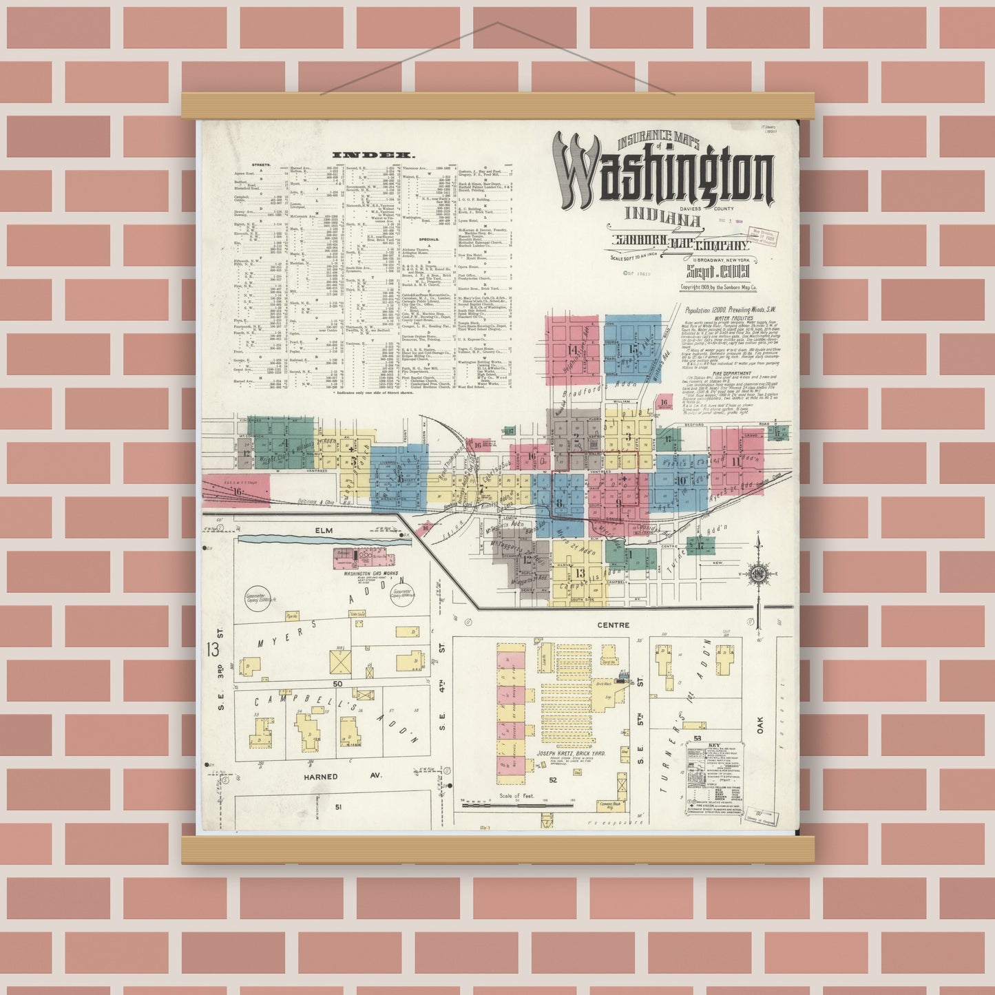 Old map wall art mockup — magnetic wood frame on brick wall — Sanborn Fire Insurance Map from Washington, Daviess County, Indiana (1909), Sheet #0001