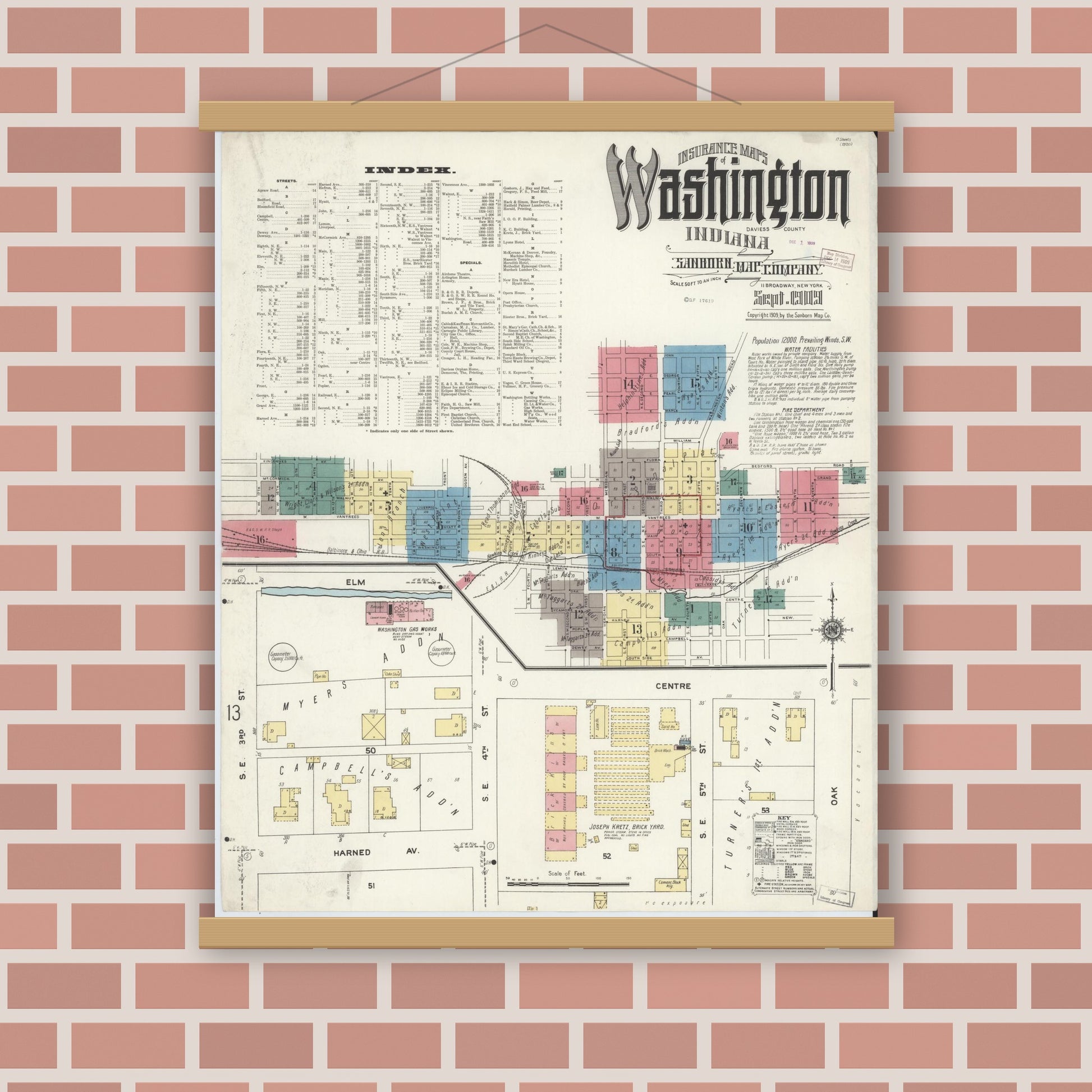 Old map wall art mockup — magnetic wood frame on brick wall — Sanborn Fire Insurance Map from Washington, Daviess County, Indiana (1909), Sheet #0001