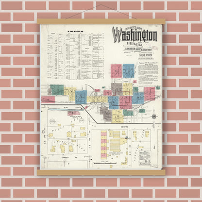 Old map wall art mockup — magnetic wood frame on brick wall — Sanborn Fire Insurance Map from Washington, Daviess County, Indiana (1909), Sheet #0001