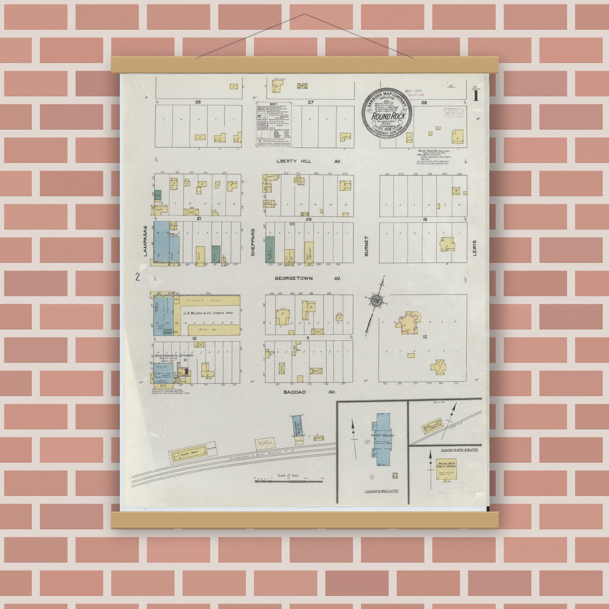 Old map wall art mockup — magnetic wood frame on brick wall — Sanborn Fire Insurance Map from Round Rock, Williamson County, Texas (1909) - Complete Map Set