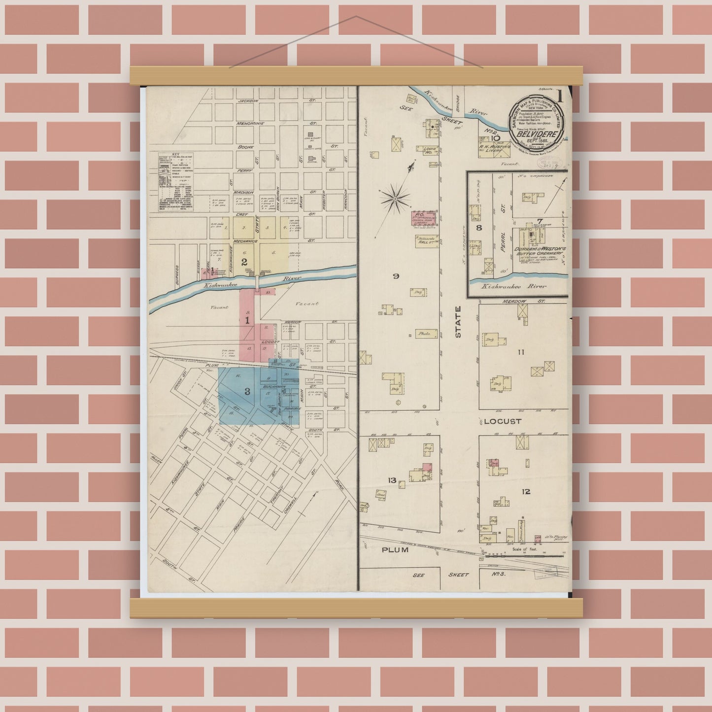 Old map wall art mockup — magnetic wood frame on brick wall — Sanborn Fire Insurance Map from Belvidere, Boone County, Illinois (1885), Sheet #0001
