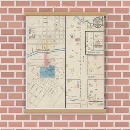 Old map wall art mockup — magnetic wood frame on brick wall — Sanborn Fire Insurance Map from Belvidere, Boone County, Illinois (1885), Sheet #0001