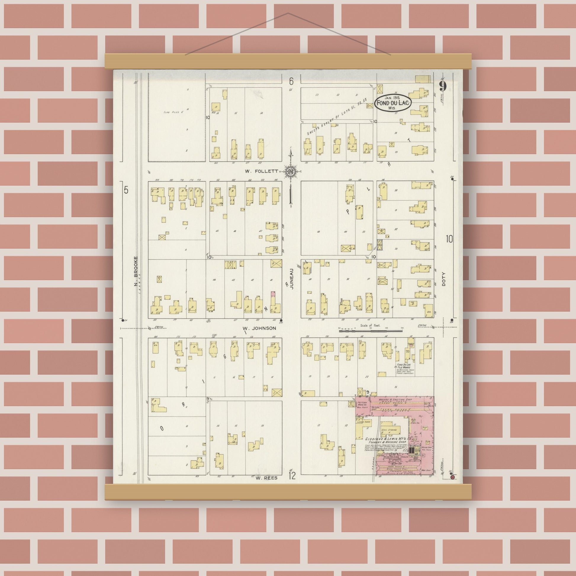 Old map wall art mockup — magnetic wood frame on brick wall — Sanborn Fire Insurance Map from Fond du Lac, Fond du Lac County, Wisconsin (1915), Sheet #0009