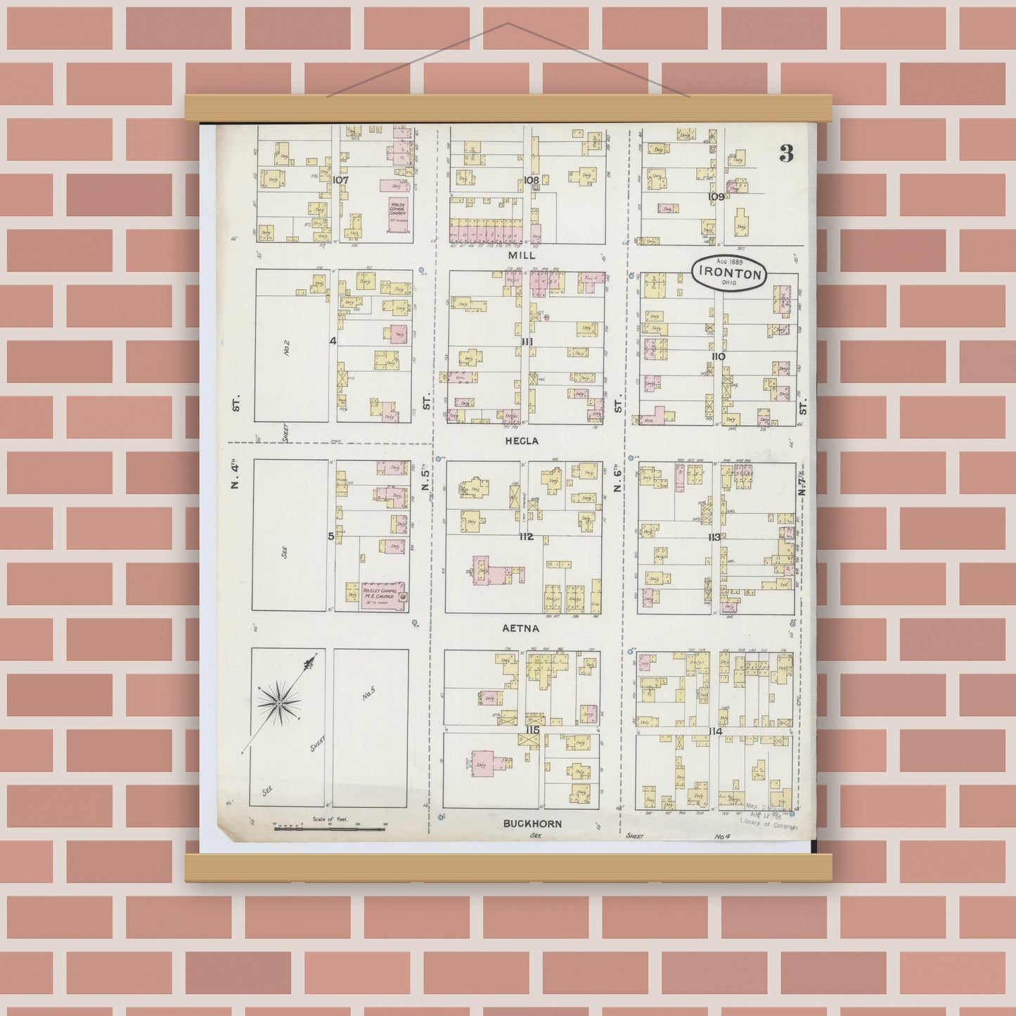 Old map wall art mockup — magnetic wood frame on brick wall — Sanborn Fire Insurance Map from Ironton, Lawrence County, Ohio (1889), Sheet #0003