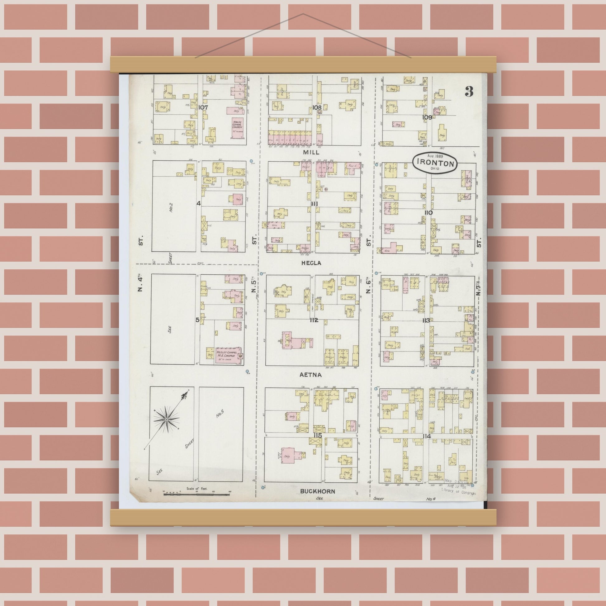 Old map wall art mockup — magnetic wood frame on brick wall — Sanborn Fire Insurance Map from Ironton, Lawrence County, Ohio (1889), Sheet #0003